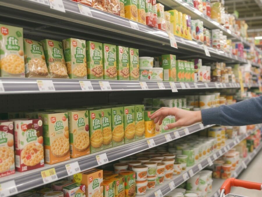 Mulher analisando alimentos embalados com aparência saudável na frente de uma geladeira aberta.