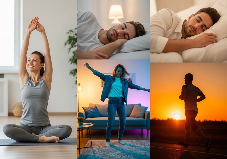 Montagem com imagens de pessoas se alongando, dormindo bem, dançando e correndo — mostrando os efeitos positivos da atividade física na saúde mental.