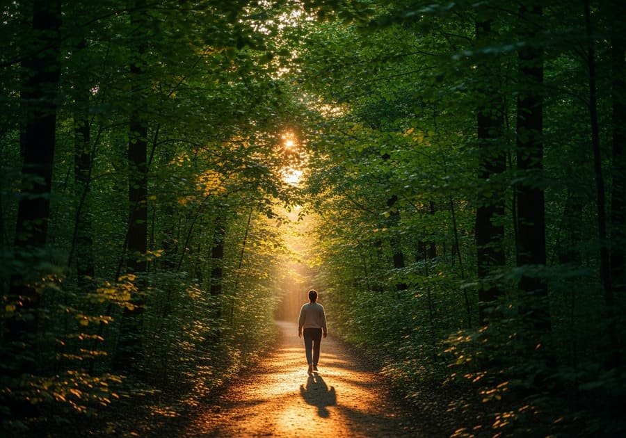 Pessoa caminhando sozinha em uma trilha na natureza ao entardecer, simbolizando equilíbrio e autocuidado.