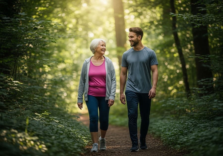 Homem jovem e mulher mais velha caminhando juntos em uma trilha arborizada, em sintonia com a natureza e com o próprio bem-estar.