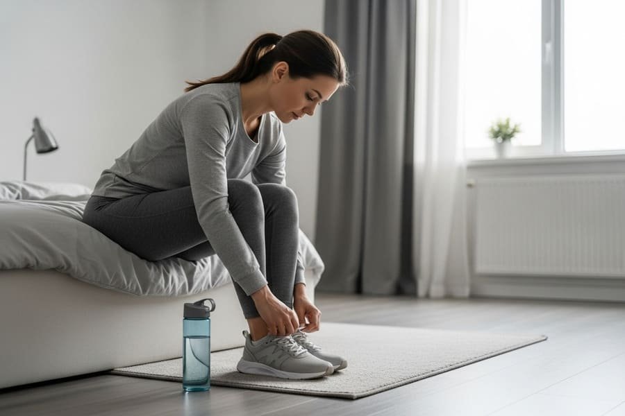 Mulher sentada na beira da cama pela manhã amarrando o tênis, pronta para se exercitar, simbolizando o primeiro passo para construir resistência.