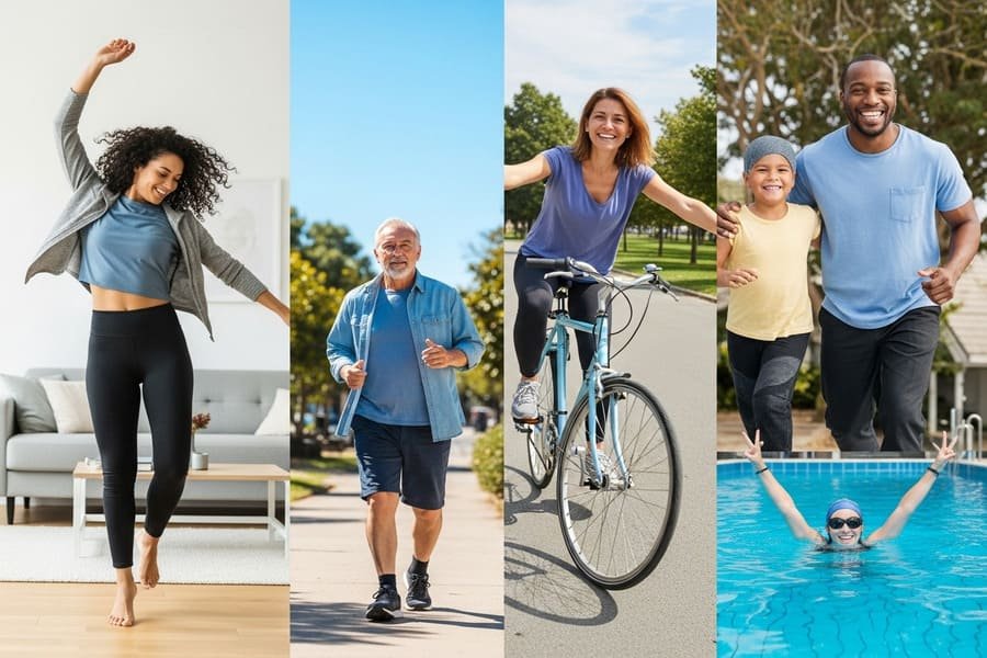 Montagem com pessoas praticando atividades como dança, pedalada, caminhada e natação, mostrando que todos podem melhorar a resistência do seu jeito.