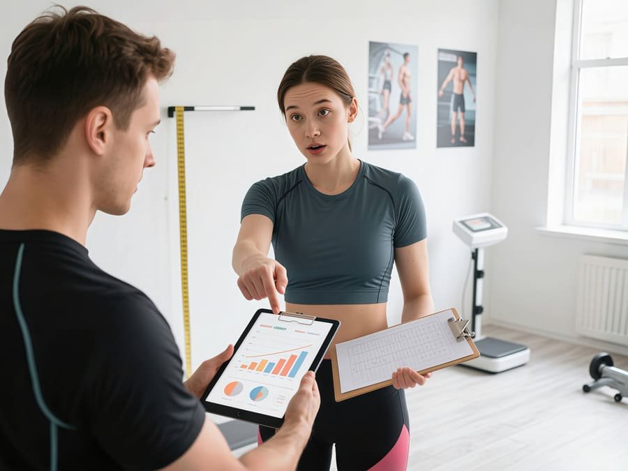 Pessoa em consulta de avaliação física com profissional explicando gráficos de saúde em um tablet.