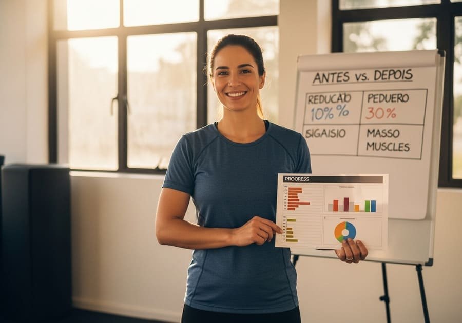 Pessoa feliz segurando gráficos de progresso corporal após avaliação física, com postura confiante.
