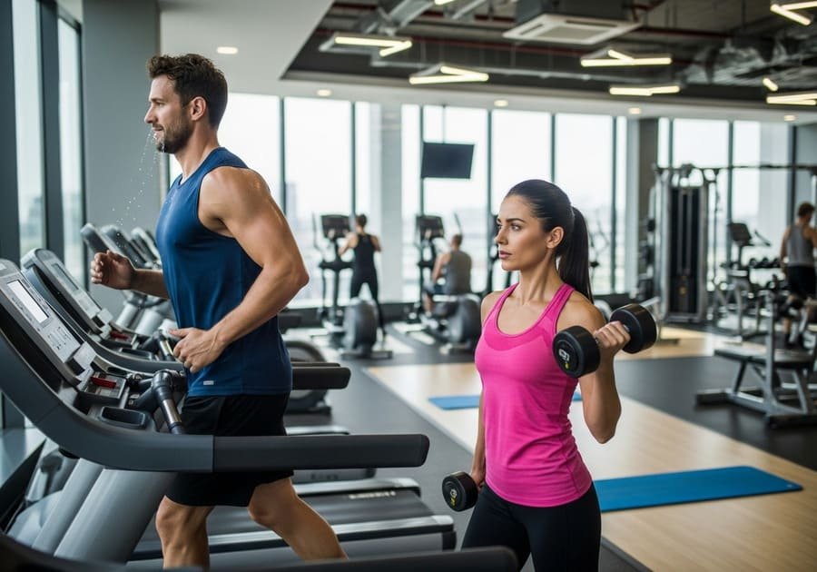 Pessoa fazendo exercícios variados incluindo cardio e musculação em academia, demonstrando a importância da combinação de atividades para perda de gordura abdominal