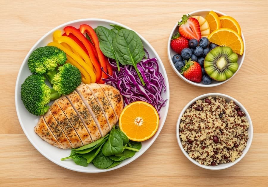abdominal não seca a barriga. Composição de alimentos saudáveis como vegetais, proteínas magras, frutas e cereais integrais organizados de forma colorida, representando uma alimentação balanceada para emagrecimento