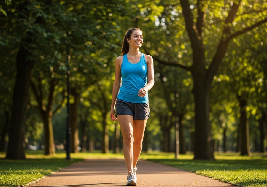 Abdominal não seca a barriga. Pessoa caminhando em parque, representando estilo de vida saudável e rotina de exercícios equilibrada para resultados duradouros