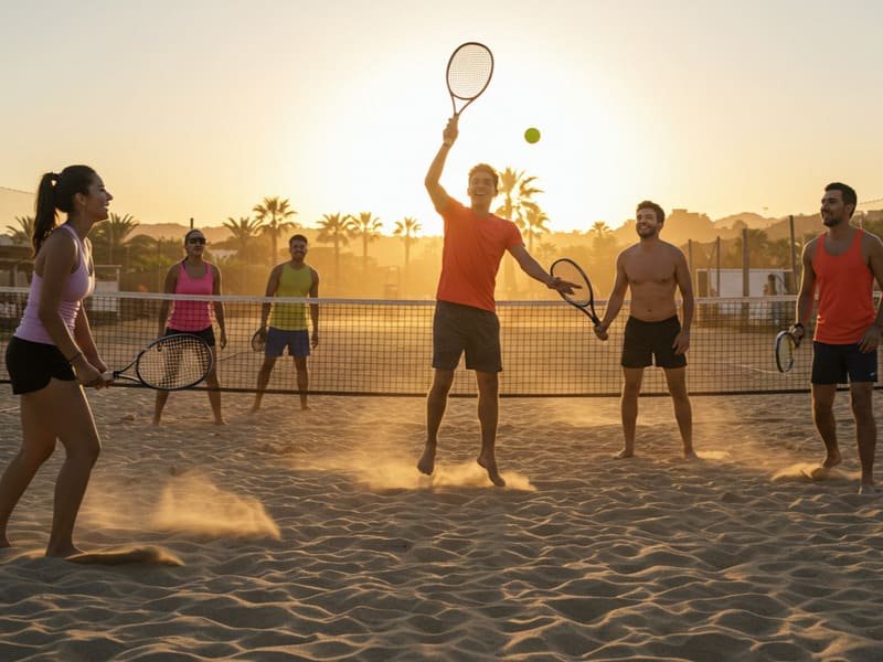Pessoas se divertindo em uma partida de beach tennis ao pôr do sol, em uma quadra de areia à beira-mar.