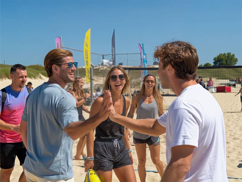 Grupo de amigos jogando beach tennis em clima descontraído e ensolarado, comemorando pontos com sorrisos e high-fives.