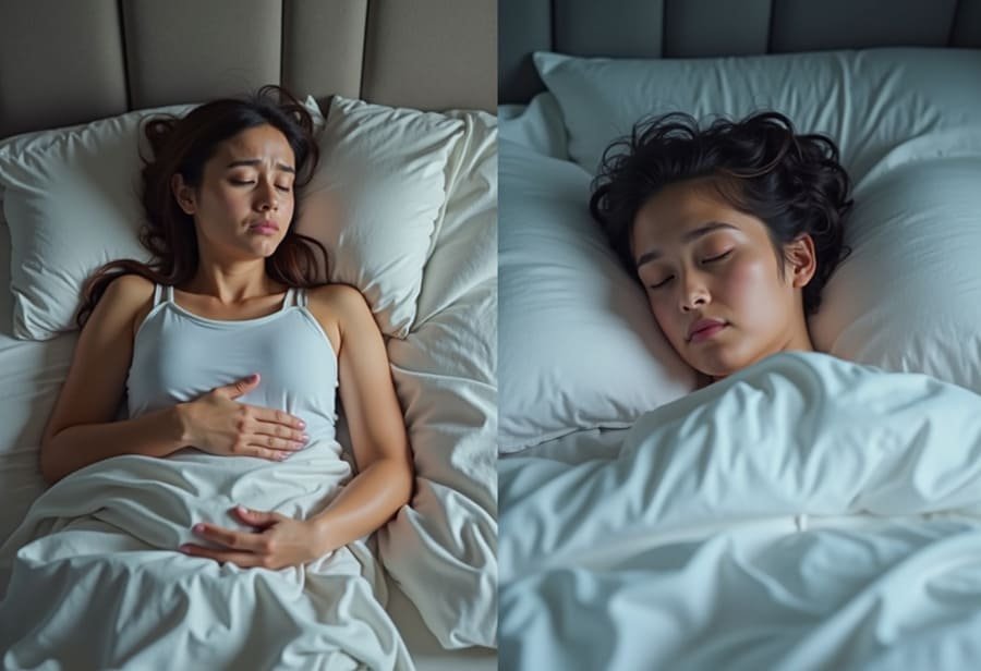 Comparação visual entre alguém com desconforto abdominal à noite e outra pessoa dormindo tranquilamente após um jantar leve.
