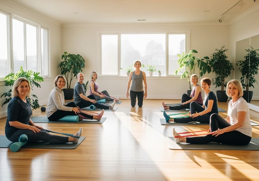 Grupo diverso de pessoas praticando Pilates em estúdio iluminado, usando acessórios como faixas e rolos, com expressão de bem-estar.