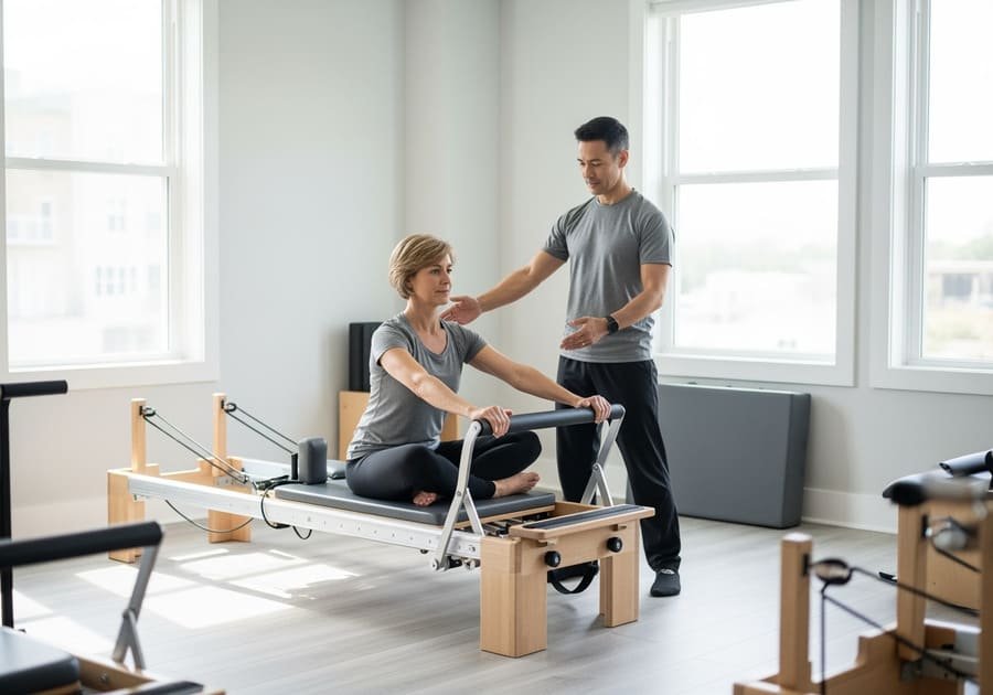 Mulher de meia-idade fazendo Pilates no aparelho Reformer, com instrutor ao lado orientando de forma atenciosa.