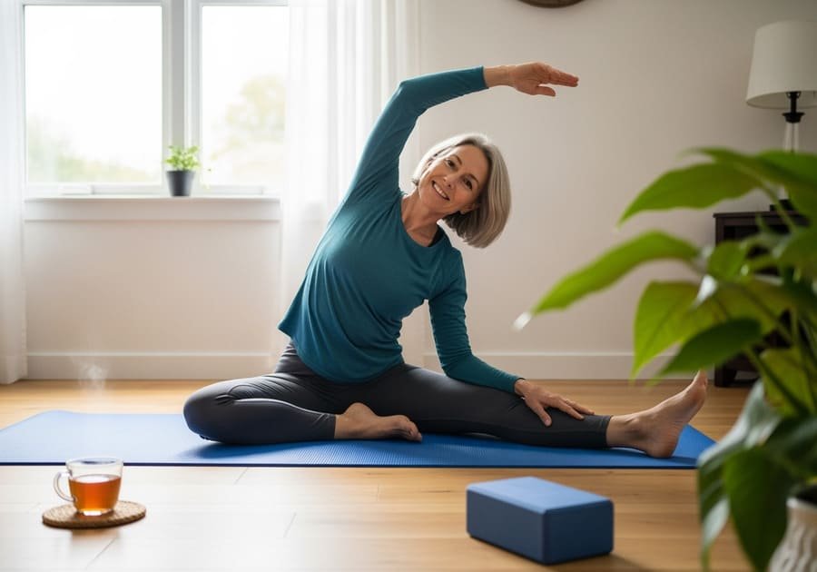 Pessoa de meia-idade praticando alongamento de Pilates em casa, em ambiente acolhedor, transmitindo bem-estar e tranquilidade.