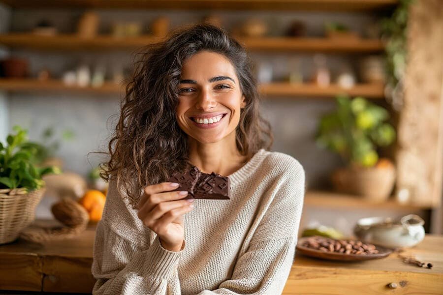 Pessoa sorridente segurando um pedaço de chocolate amargo em uma cozinha aconchegante, com grãos de cacau e frutas frescas ao fundo, sob luz natural.