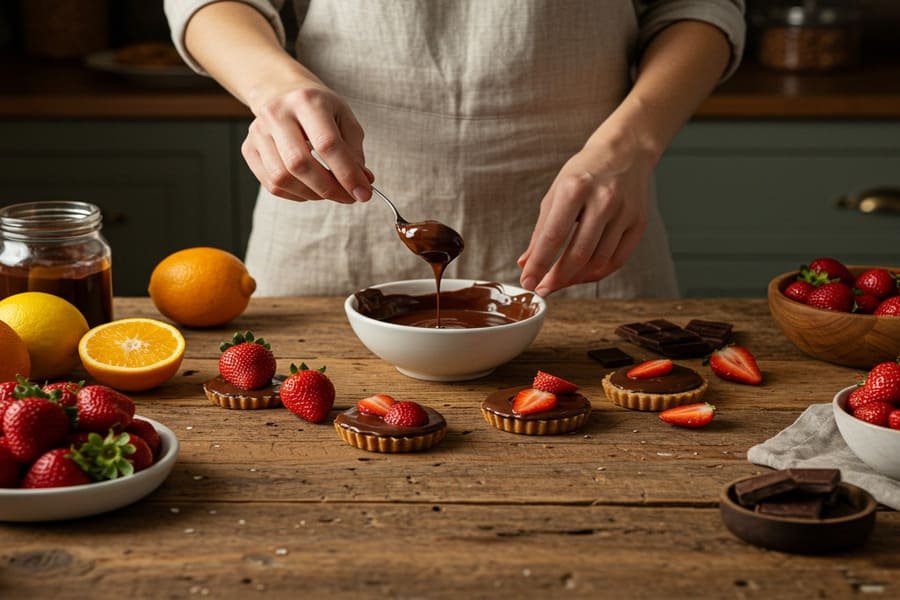 Pessoa preparando morangos mergulhados em chocolate amargo em uma mesa de madeira rústica, com ingredientes frescos ao redor, sob luz natural quente.