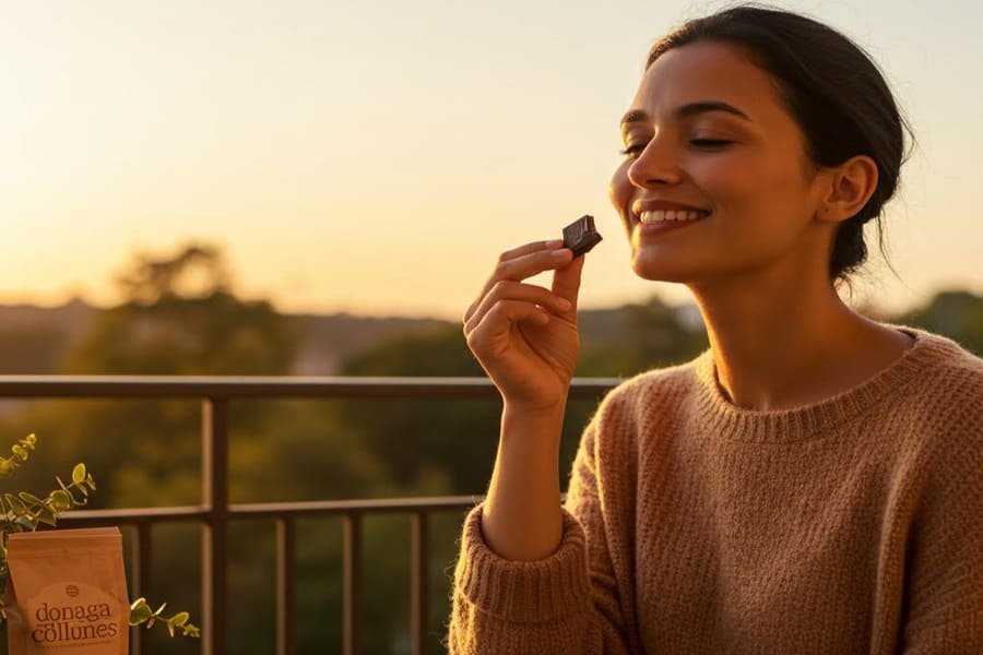 Benefícios do chocolate para a saúde. Pessoa sorridente saboreando um quadradinho de chocolate amargo em uma varanda ao pôr do sol, com uma mesa de madeira e luz dourada, em um ambiente tranquilo.