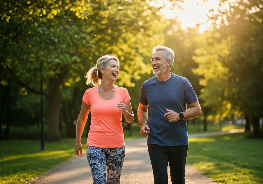 Imagem de um homem e uma mulher de meia-idade caminhando juntos em um parque, ambos sorrindo. A mulher veste uma blusa laranja e leggings estampadas, enquanto o homem usa uma camiseta azul e calças escuras. O fundo mostra uma trilha cercada por grama verde e árvores iluminadas pelo sol poente.