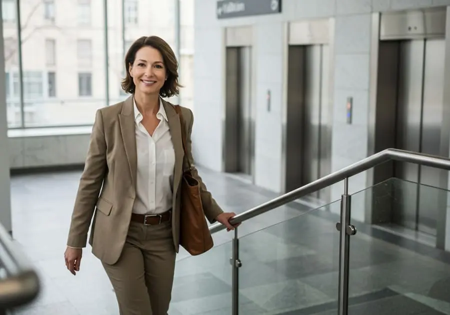 Imagem de uma mulher de meia-idade vestindo um terno bege e camisa branca, sorrindo enquanto desce uma escada com corrimão de vidro em um prédio comercial. Ela carrega uma bolsa marrom no ombro. Ao fundo, há elevadores e janelas grandes que mostram um exterior urbano.