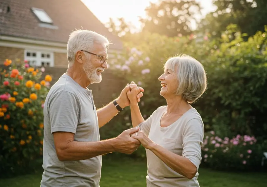 Exercício moderado. Imagem de um homem e uma mulher idosos dançando juntos em um jardim. O homem, de camisa cinza, e a mulher, de blusa bege, seguram as mãos com sorrisos. O fundo mostra flores vibrantes, como laranjas e rosas, e uma casa com telhado, iluminados pela luz suave do sol poente.