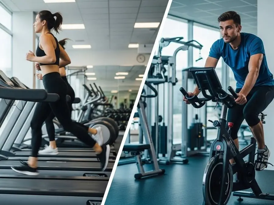 Comparativo visual entre corrida na esteira e treino na bicicleta ergométrica em ambiente de academia.