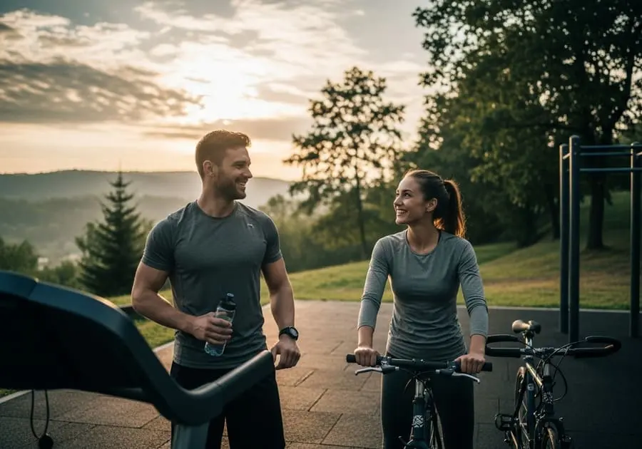 Homem e mulher sorrindo ao ar livre após treino, simbolizando saúde, motivação e equilíbrio.