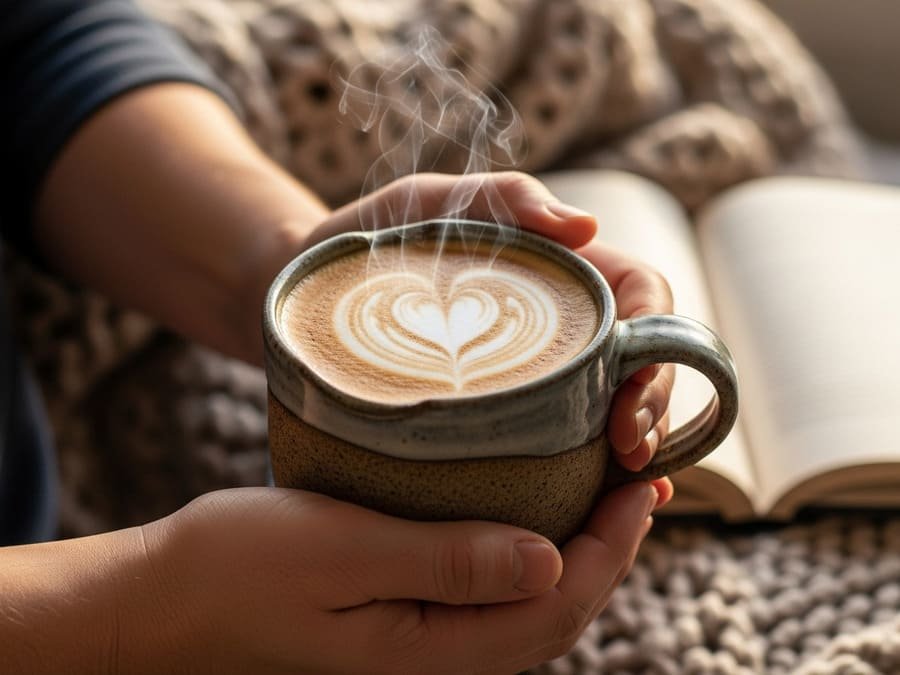 Pessoa segurando uma caneca de café com leite vegetal, com desenho de coração, transmitindo aconchego.