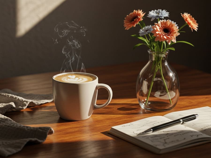 Mesa de café da manhã com caneca de café com leite vegetal, flores e caderno, transmitindo aconchego e leveza.