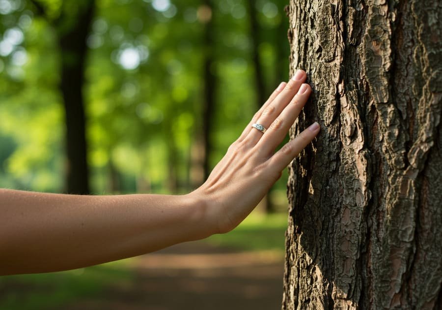 Mão tocando a casca de uma árvore durante caminhada em parque arborizado.. Caminhar em áreas verdes.