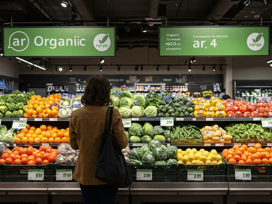 Pessoa observando prateleiras de frutas e verduras em um supermercado, comparando opções convencionais e orgânicas.