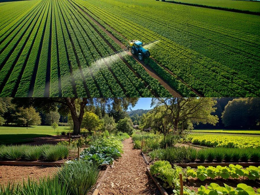 Comida orgânica é mais saudável. Imagem dividida mostrando de um lado uma lavoura convencional com máquinas e do outro uma horta orgânica com cultivo mais natural.