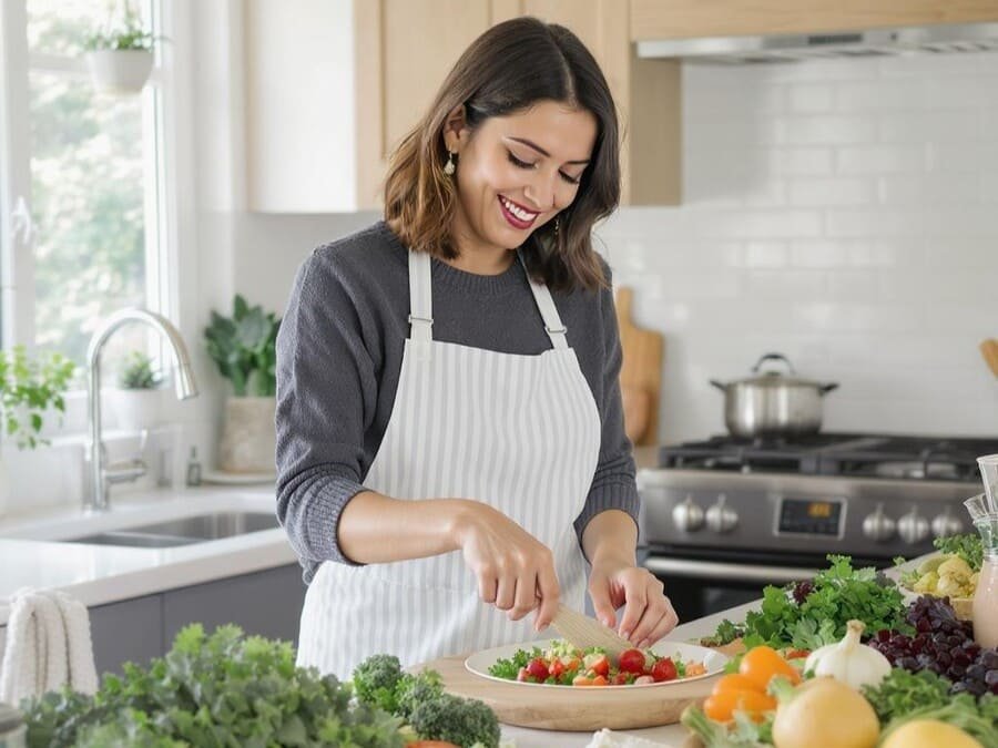 Comida orgânica é mais saudável. Pessoa cozinhando em casa com ingredientes frescos variados, misturando alimentos orgânicos e convencionais com tranquilidade.