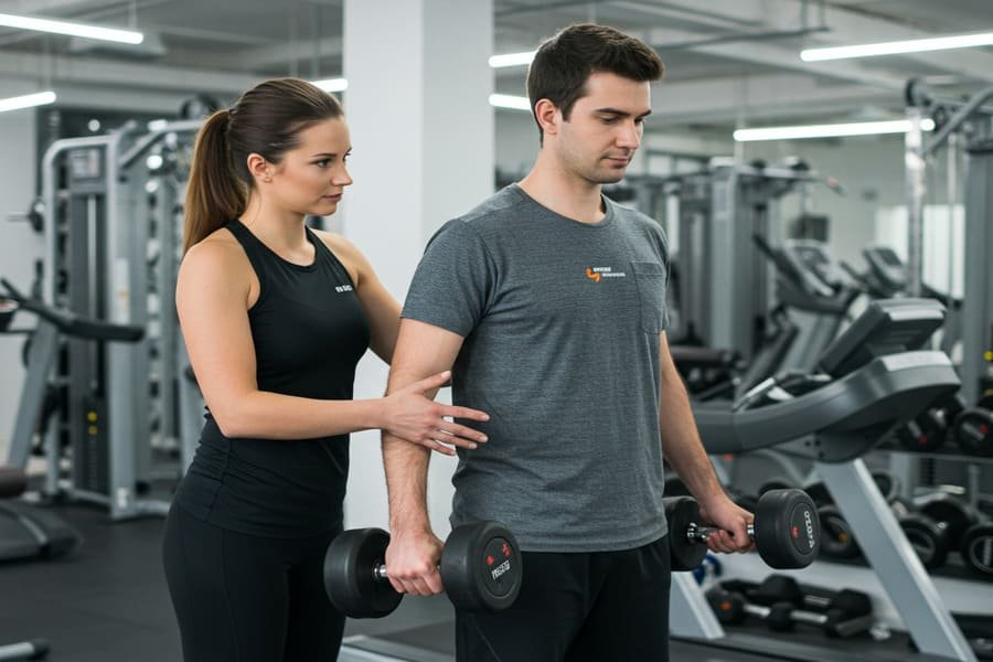 Instrutor orientando uma pessoa na academia, ajustando sua postura em um equipamento, em um ambiente limpo e moderno com luz suave e equipamentos bem cuidados.