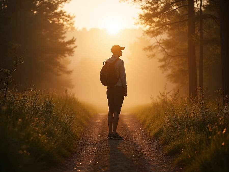 Pessoa em pé no início de uma trilha ao nascer do sol, olhando para frente com expressão de determinação.