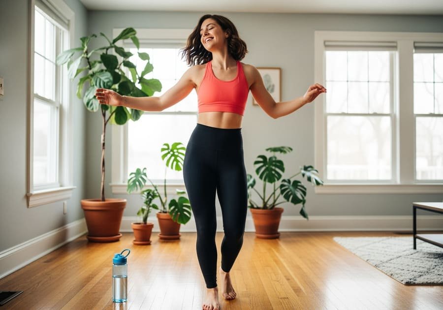 Mulher jovem dançando sozinha na sala de estar com roupas esportivas, expressando alegria e energia.