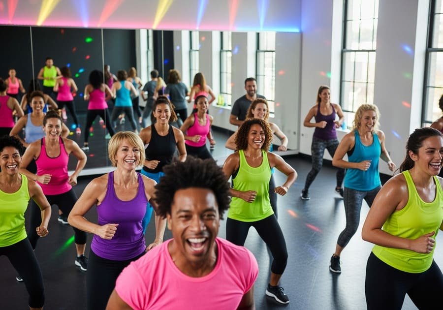 Grupo diverso de pessoas dançando juntas em uma aula de dança fitness, sorrindo e se exercitando com entusiasmo.