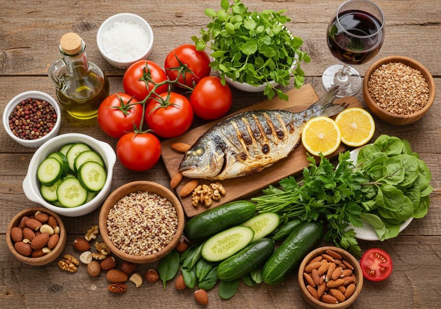 Mesa com alimentos típicos da dieta mediterrânea, incluindo azeite, peixe grelhado, vegetais frescos, grãos integrais e vinho tinto.