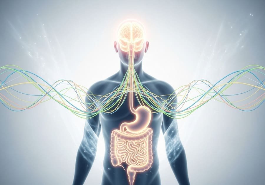 Dieta mediterrânea para saúde mental.  Ilustração mostrando a conexão entre cérebro e intestino, destacando neurotransmissores e bem-estar mental.