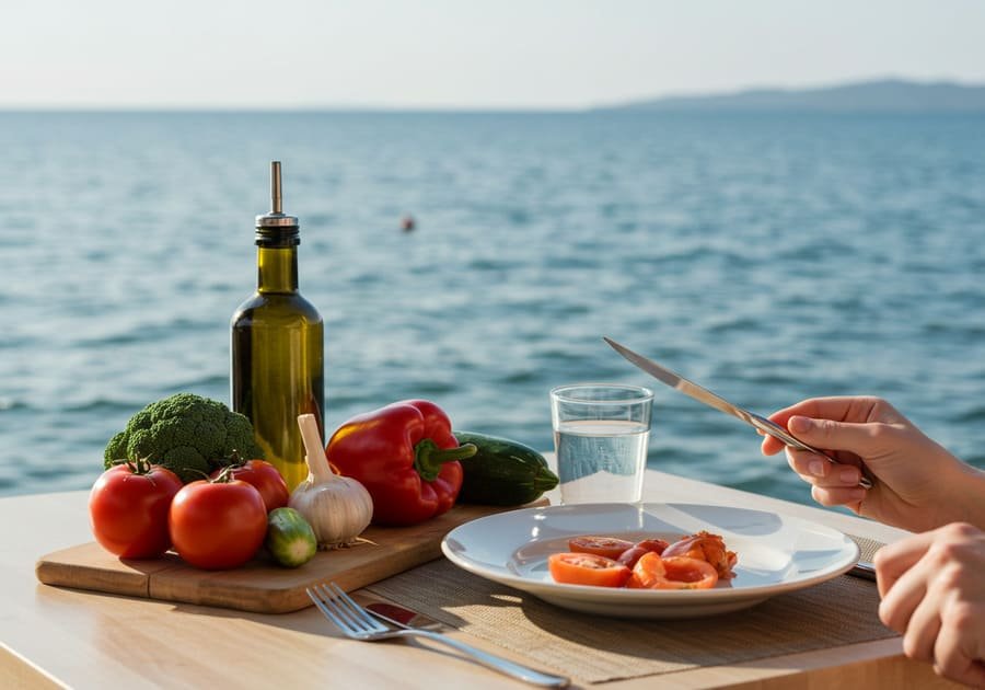 dieta mediterrânea para saúde mental. Pessoa sorridente apreciando refeição saudável ao ar livre, com vista para o mar, representando o estilo de vida mediterrâneo.