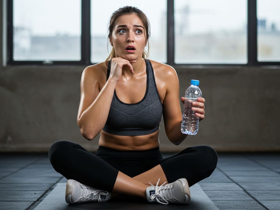 Mulher jovem suada sentada após treino intenso, segurando uma garrafa d’água com expressão de dúvida ou surpresa.
