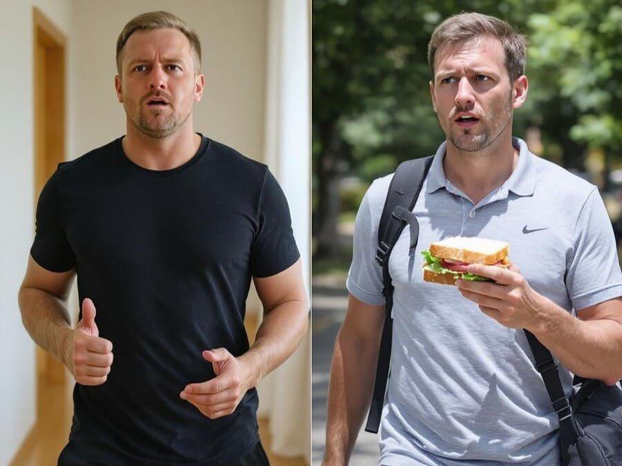 Exercício e fome. Montagem comparando duas pessoas: uma rejeitando comida após treino intenso, outra faminta após caminhada leve.