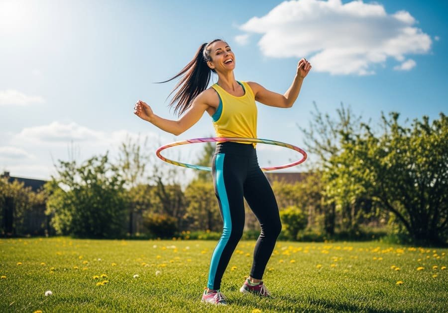 Mulher sorrindo enquanto gira bambolê no quintal, revivendo brincadeiras infantis como forma divertida de exercício.