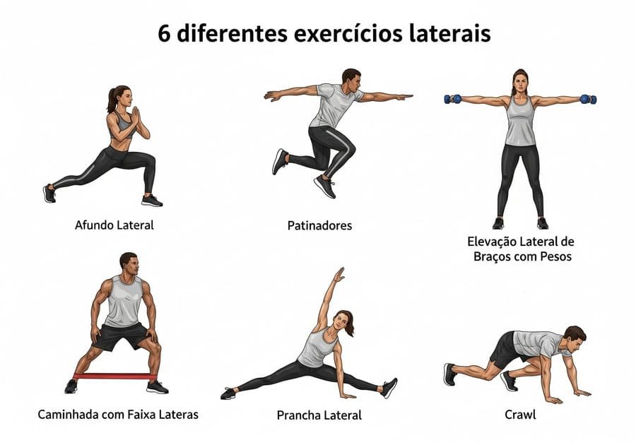 Ilustração com seis exercícios laterais: afundo lateral, skaters, elevação lateral, caminhada com elástico, prancha lateral e rastejo de urso.