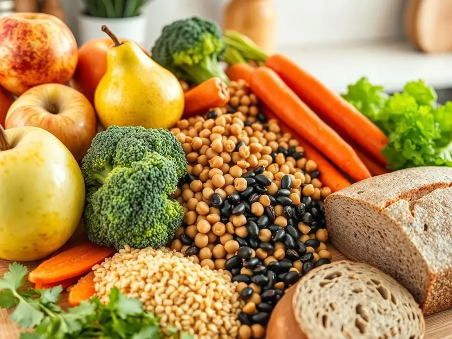 Vários alimentos ricos em fibra, como frutas, vegetais, leguminosas, grãos e pães integrais, dispostos sobre uma bancada de cozinha.