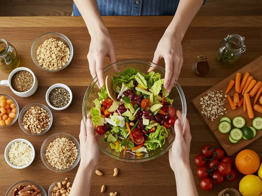 Pessoa misturando salada colorida em uma tigela grande, cercada por ingredientes saudáveis como grãos, castanhas e frutas.