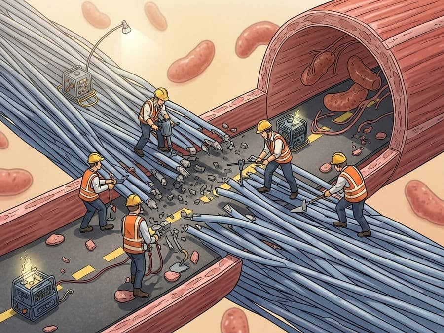 Ilustração conceitual mostrando trabalhadores consertando uma estrada dentro de uma fibra muscular, representando a inflamação como parte do processo de cura.