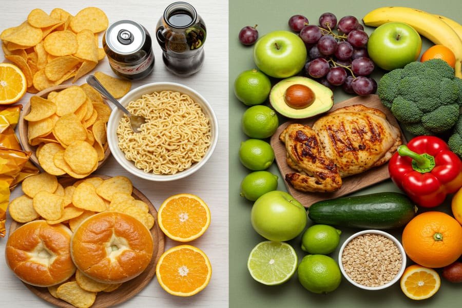 Mesa dividida entre alimentos industrializados e alimentos naturais, mostrando o contraste entre escolhas ruins e saudáveis.