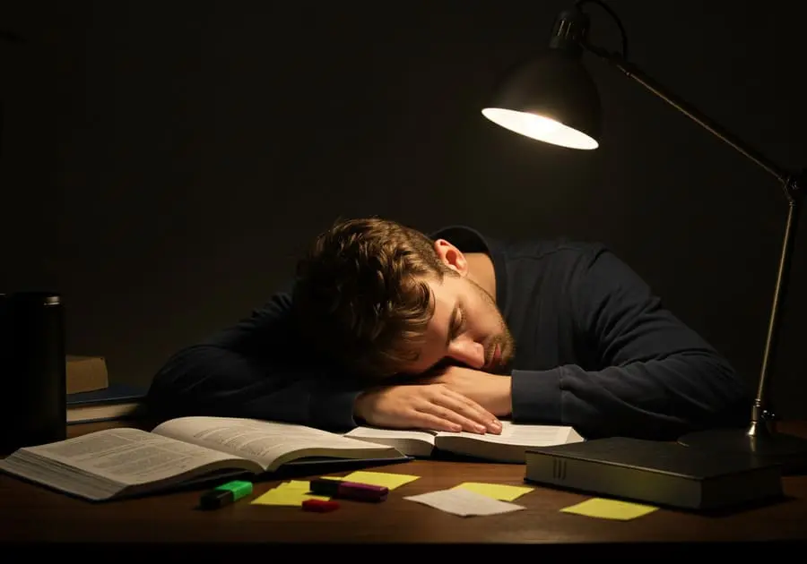 Imagem de um estudante dormindo com a cabeça apoiada sobre a mesa, cercado por livros abertos, canetas, post-its coloridos e uma luminária iluminando a cena em um ambiente escuro.