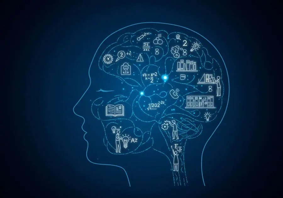 Importância do sono para estudantes. Imagem de um perfil de cabeça humana em azul, com o interior preenchido por ícones brancos que representam equações matemáticas, livros, lâmpadas e outros símbolos de conhecimento e aprendizado, sobre um fundo escuro.
