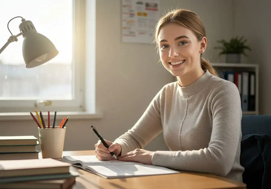 Importância do sono para estudantes. Imagem de uma jovem sorridente com cabelo preso, escrevendo em um caderno aberto sobre uma mesa de estudos. Ao redor, há pilhas de livros, um copo com canetas coloridas e uma luminária. A cena é iluminada por luz natural de uma janela ao fundo, com uma planta e estantes visíveis no ambiente.