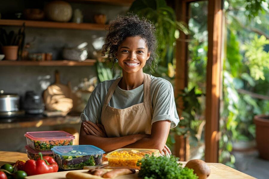 Pessoa sorridente organizando marmitas coloridas com alimentos saudáveis em uma cozinha acolhedora, com mesa de madeira e luz natural, em tons vibrantes.